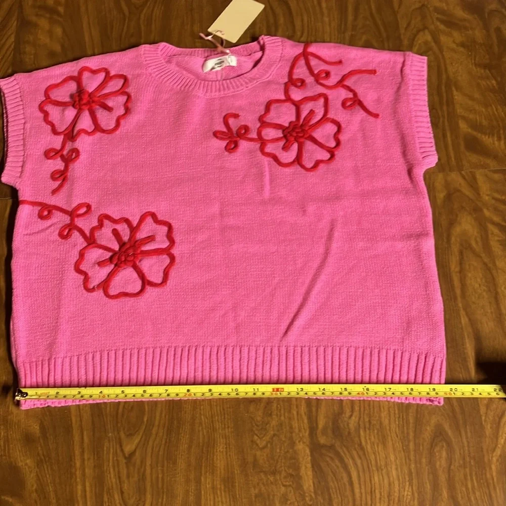 NWT Entro Pink and Red Floral Women's Sweater Short Sleeve Large Super Cute! - Picture 15 of 16
